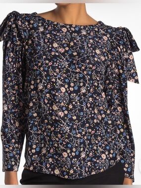 Rebecca Taylor Vivianna Floral Vine Silk Blouse Bows Tie Shoulder